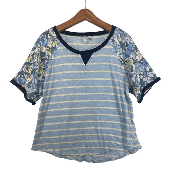 Cato Womens Top Sz L Short-Slv Floral Striped MixedMedia Blue Boho Modern Casual - Picture 1 of 10